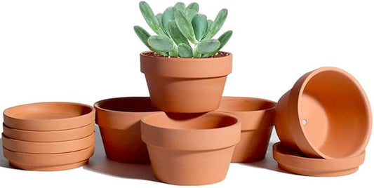 vensovo 3.7 Inch Terracotta Shallow Succulent Pots - 6 Pack Terra Cotta Clay Pot with Saucer, Cacuts Indoor and Outdoor Planters with Drainage Hole