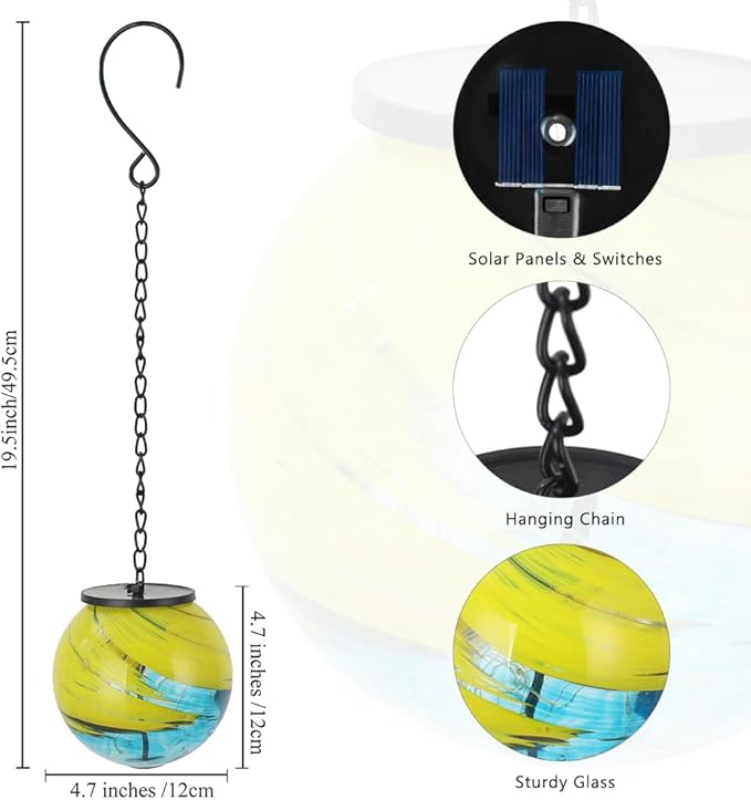 Hanging Solar Lanterns Outdoor Waterproof, Gazing Ball Globe Solar Lantern, Hanging Glass Lantern for Garden Yard Tree Outdoor Decoration