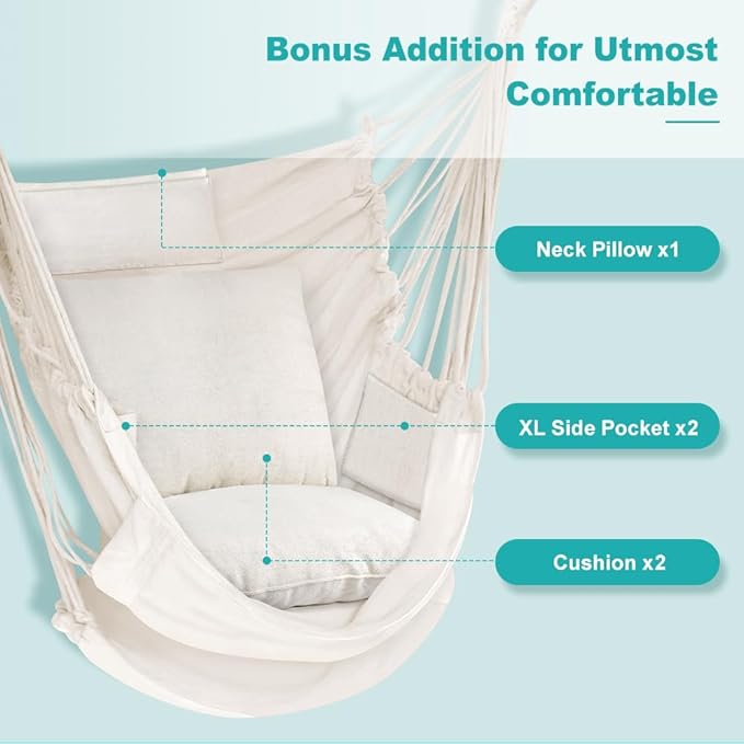 Outerman Hammock Chair, Hanging Chair with 3 Cushions and Foot Rest Support, Sturdy Metal Spreader Bar Max 440 Lbs, Swing Chair for Bedroom, Indoor & Outdoor, Patio, Porch or Tree（White）