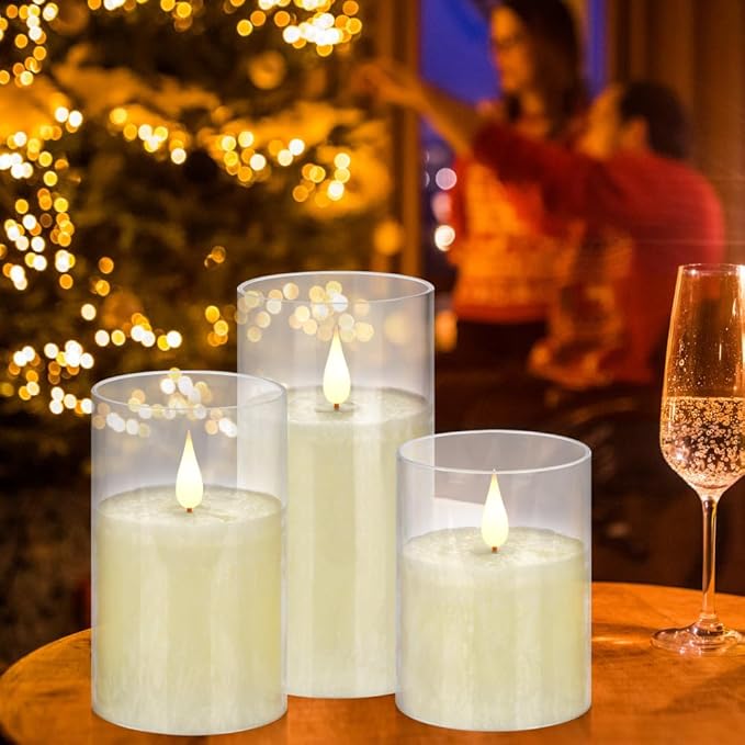 Flameless Flickering Remote Control Candle, Glass Pillar Candle,3 Pack (D:3"×H:4" 5" 6") LED 3D Flame Romantic Candle,Battery Operated Real Wax, Ideal for Wedding, Home Decor Holiday (Ivory)