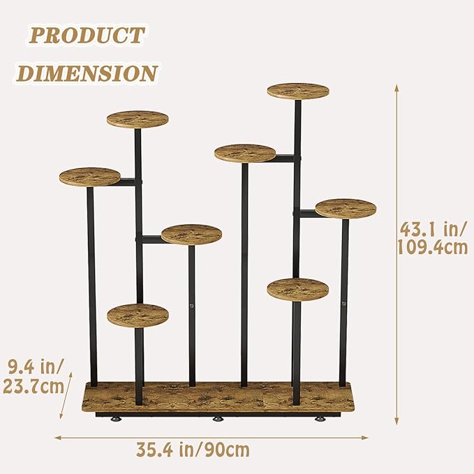 Plant Stand Indoor 9 Tier 11 Potted Multiple Flower Pot Holder for Patio Garden Balcony Living Room Corner (9 Tier Black+Rustic Brown)