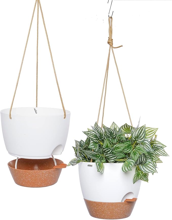 8 inch Hanging Planters, 2 Pack Self Watering Hanging Pots with 20oZ Deep Reservoir for Indoor Outdoor Plants Flowers, White with Brown