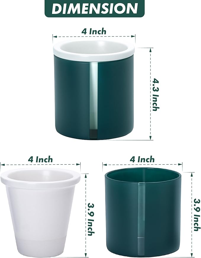 D'vine Dev 6 Inch Design Self Watering Planter for Indoor Plants, White Terracotta Pot with Teal Cylinder Glass Cup, Set of 2, 37-Y-B-5