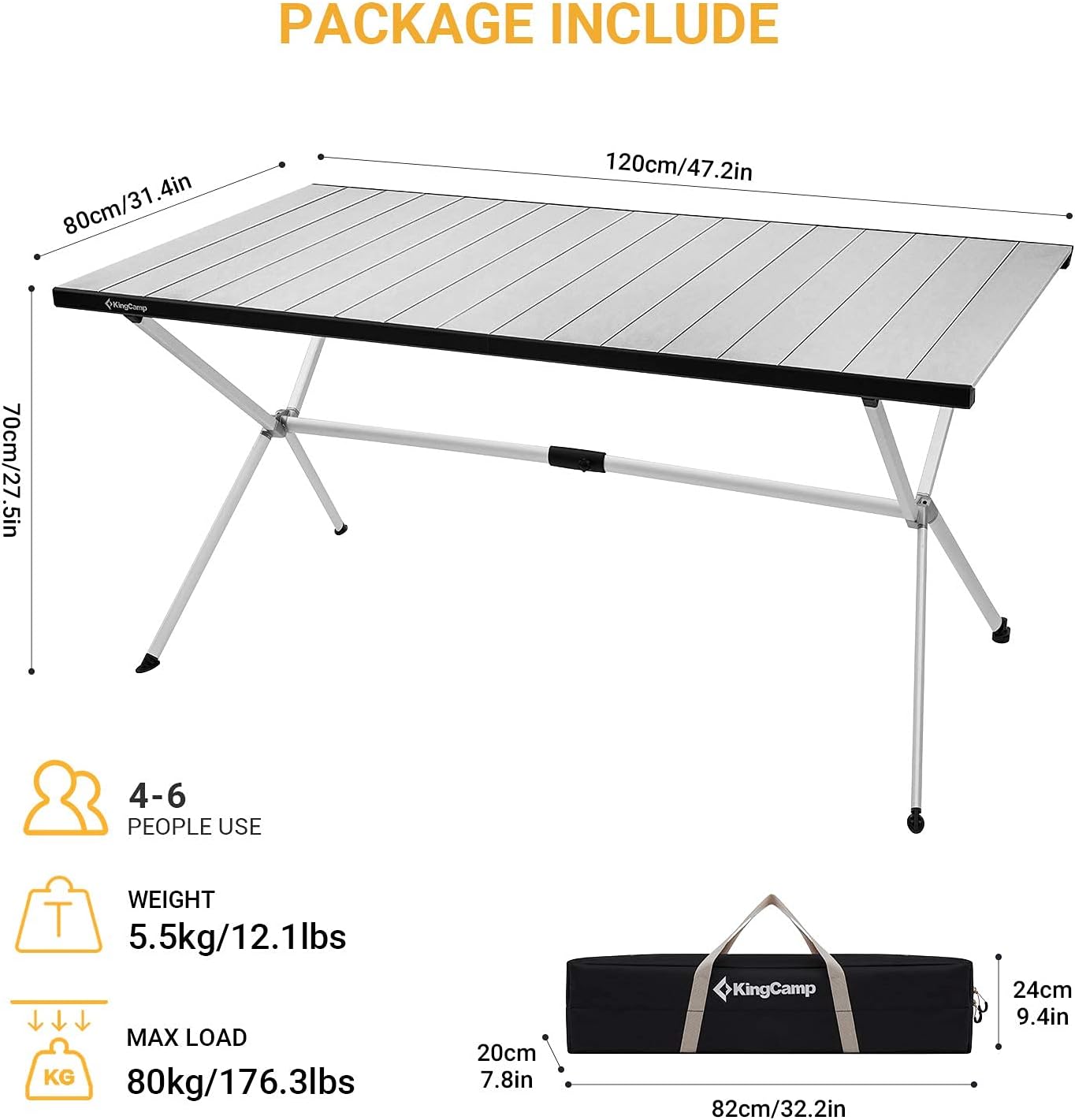 KingCamp Camping Table Roll up Aluminum Folding Table Lightweight Large Portable Foldable Camp Table for Picnic Camping Barbecue Backyard Beach Tailgate Indoor Outdoor, 4-6 Person, Support 176lbs