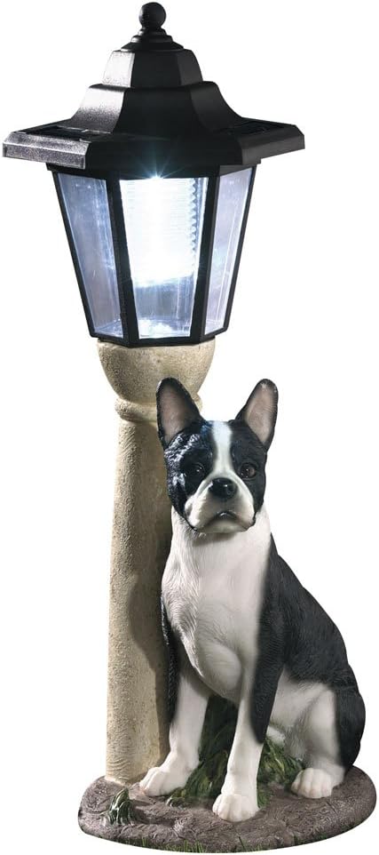 Bits and Pieces - Solar Dog Lantern-Solar Powered Garden Lantern - Resin Dog Sculpture with LED Light (Boston Terrier)