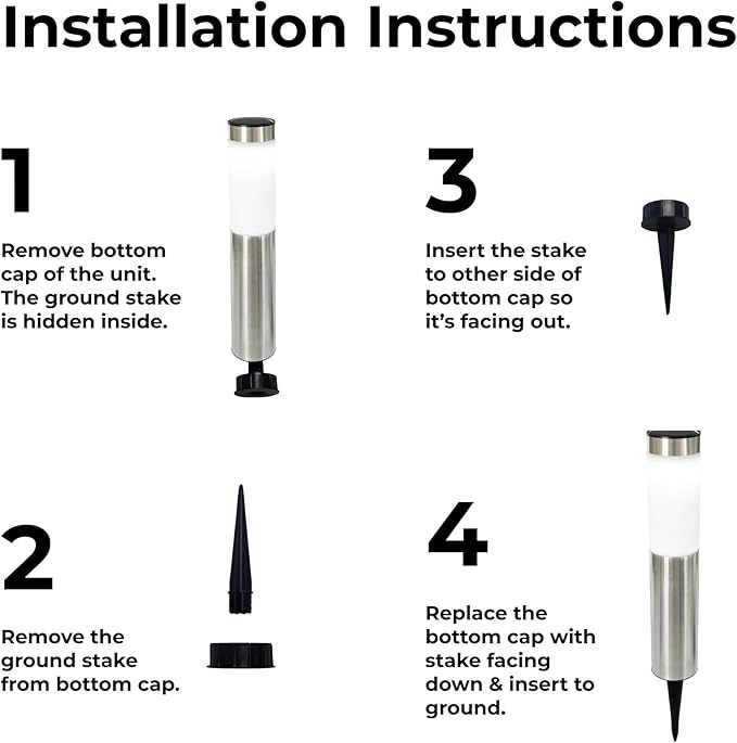 TECHKO Stainless Steel Outdoor Solar Bollard Path Lights (2-Pack), Solar Cylinder Pathway Lights (Stainless Steel)