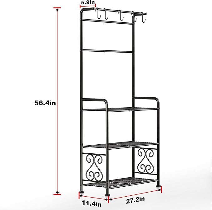 Plant Stand Indoor Outdoor Heavy Duty Metal - 56.4" Tall 3-Tier Shelf for Multiple Plants, Flowers, Rustproof Black Storage Rack for Patio, Balcony, Living Room, Garden, Includes Hooks&Adjustable Feet