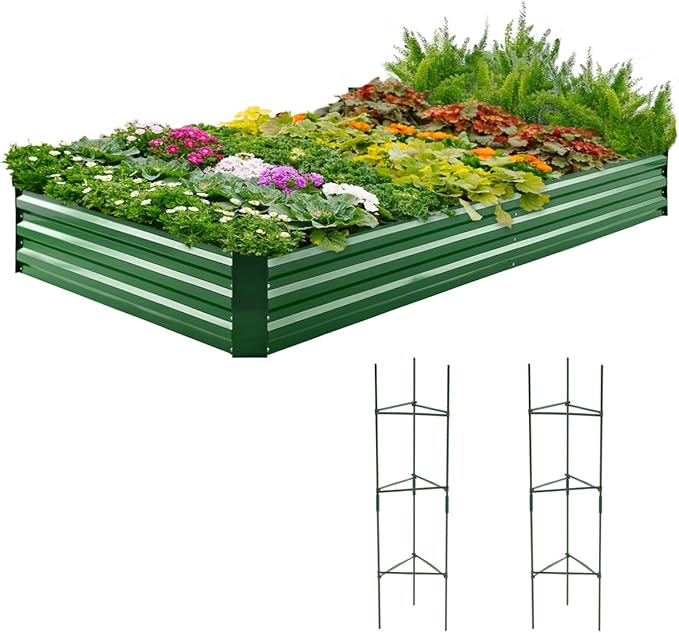 Quictent Galvanized Raised Garden Bed 8x4x1 Ft Metal Planter Box for Vegetables Bottomless for Backyard, 2 Tomato Cages Included, Green