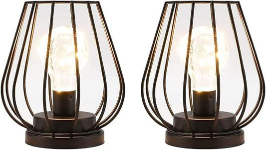 TRIROCKS Set of 2 Metal Battery Operated Lamp 7'' Tall Mini Cage Shape Cordless Table Lamp Battery Lanterns with Warm Fairy Lights Bulb for Patio Garden Wedding Parties Indoor Outdoor(Black)
