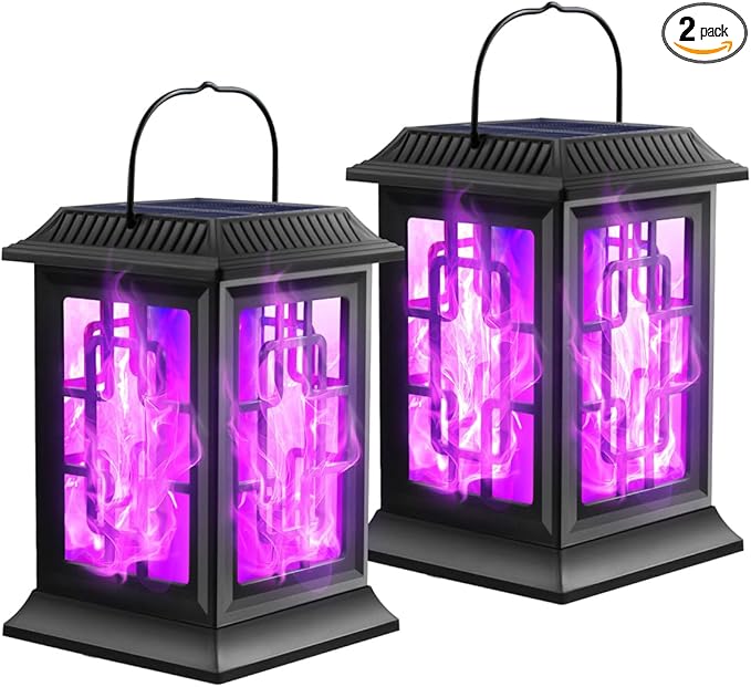 2 Pack Solar Flickering Flame Lanterns, Waterproof Hanging Outdoor Solar Lights for Garden, Patio, Yard, Pathway Decoration (Purple)