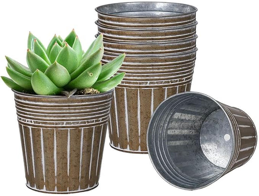 vensovo 4 Inches Brown Metal Rustic Flower Pots - 6 Pcs Small Galvanized Planters with Drainage Hole and Rubber Plug, Rustproof Tin Bucket Plant Pot Farmhouse Vintage Style for Decor