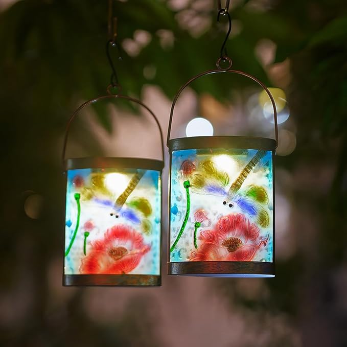 Starsoul 2 Pack Hanging Solar Lantern Outdoor Waterproof Glass Dragonfly and Lotus Decorative Solar Lights for Outside Garden Yard Table Patio Decor
