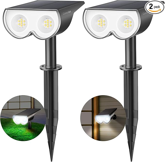 Consciot 16 LEDs IP67 Waterproof Outdoor Solar Spot Lights, Auto On/Off Adjustable for Garden Yard Pathway, 2-in-1 Wall Lights (Cool White, 2 Pack)