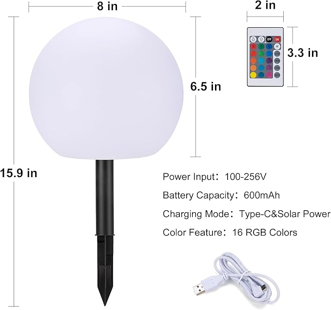 shumi Solar Ball Light Outdoor Decorative-8 inch Outdoor Waterproof Powered Ball Lights with Remote Control,16 RGB Colors Globe Light for Garden,Backyard,Pathway,Poolside