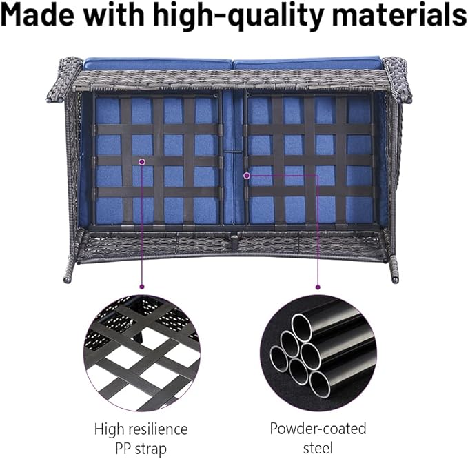 Wicker Outdoor Furniture Patio Furniture Set - 6 Piece Patio Conversation Set with Swivel Rocker Chairs, Loveseat Sofa, Ottomans and Coffee Table, Blue Cushion