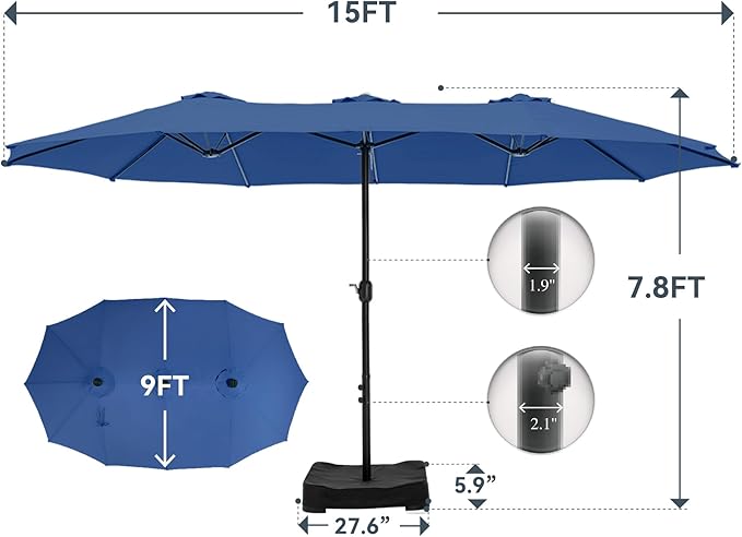 GREEN PARTY 15 ft Rectangle Patio Umbrella with Base Included, Double-Sided Table Umbrella with Crank, Large Outdoor Umbrellas for Patio Poolside Garden Backyard, Haze Blue