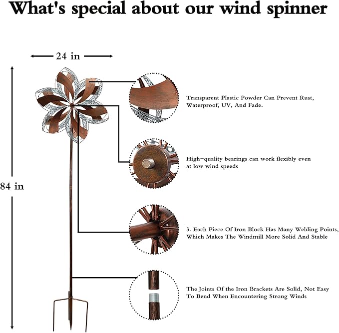 Garden Wind Spinner,Flower Wind Spinner,Outdoor Metal Wind Sculpture & Spinner Large 23 inch Dia 84 inch Height Kinetic Windmill for Garden Yard