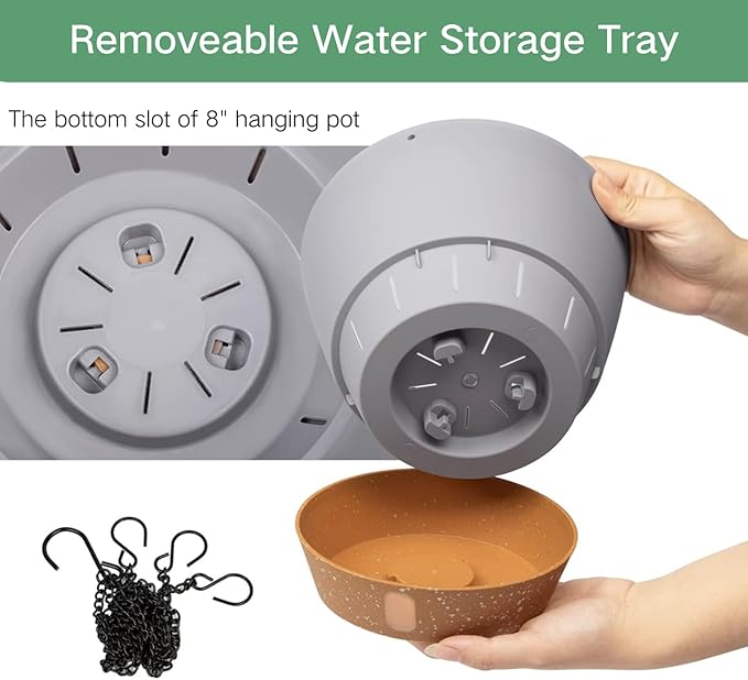 QCQHDU 2 Pack 8 inch Hanging Planters for Indoor Plants, Outdoor Hanging Baskets, Self Watering Pots with Drainage Holes & Removable Tray (Light Grey, 8 inch)