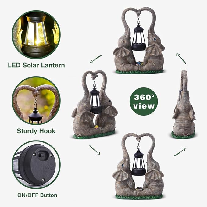 Elephant Statue Easter Garden Decor with LED Solar Lights-Set of 2 Good Luck Elephant Outdoor Statue Christmas Decorations for Yard Patio,Porch,Home -Mothers Day Gifts for Women, Mom, Grandma