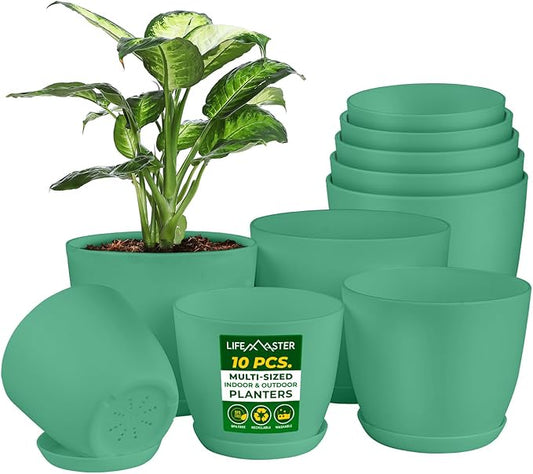 Planter Pots with Drainage Holes - Lightweight, Durable, & Space-Saving Pots for Indoor and Outdoor - Versatile Functionality, Simple Modern Design, Set of 10 Plastic Planter Pots Mint