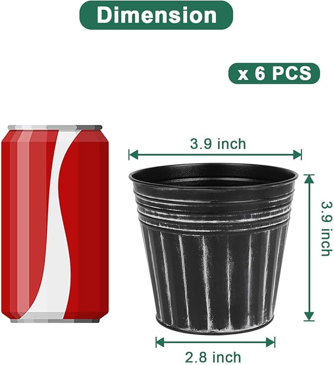 vensovo 4 Inches Black Metal Rustic Flower Pots - 6 Pcs Small Galvanized Planters with Drainage Hole and Rubber Plug, Rustproof Tin Bucket Plant Pot Farmhouse Vintage Style for Decor