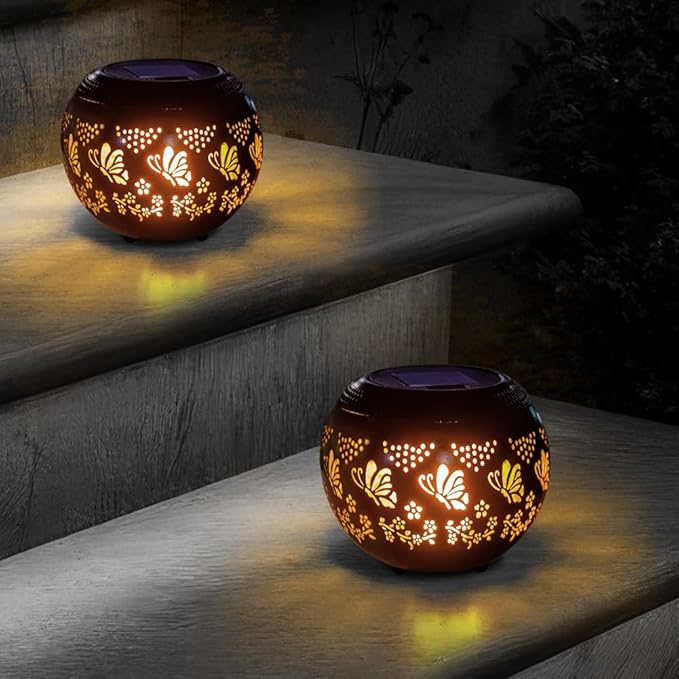 VEWOGARDEN 2 Pack Solar Lanterns Outdoor Waterproof Solar Lantern Hollow Out Metal Butterfly Lantern Solar Lights for Patio Garden Table Decor