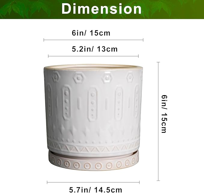 Pot for Plants 6 Inch - Ceramic Planter for Indoor Plants Decorative Plant Pot with Drainage Holes and Saucer Outdoor Flower Pot Modern Succulent Pot for Office Desk Decor White