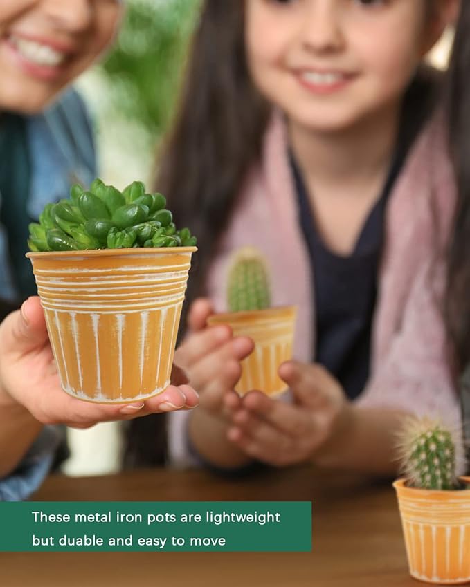 vensovo 4 Inches Orange Metal Rustic Flower Pots - 6 Pcs Small Galvanized Planters with Drainage Hole and Rubber Plug, Rustproof Tin Bucket Plant Pot Farmhouse Vintage Style for Decor