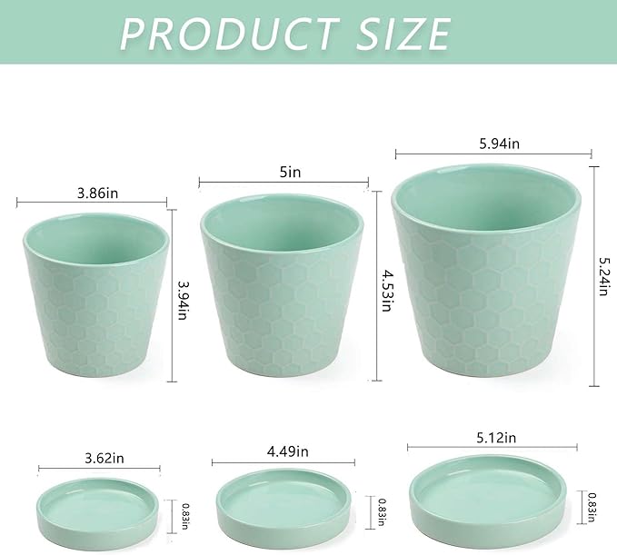 EFISPSS Ceramic Plant Pots –4”+5”+6” inch Set of 3, Planters with with Drainage Holes and Ceramic Tray, Indoor Flower Pot Gardening Home Desktop Office Windowsill Decoration Gift(Mint Green)
