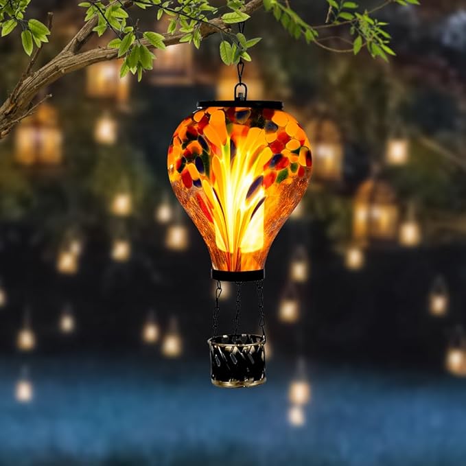 Starsoul Hot Air Balloon Solar Lantern Tie-Dye Style Glass Outdoor Hot Air Balloon Solar Flickering Flame Light Waterproof Hanging Lantern for Garden Yard Patio Decor