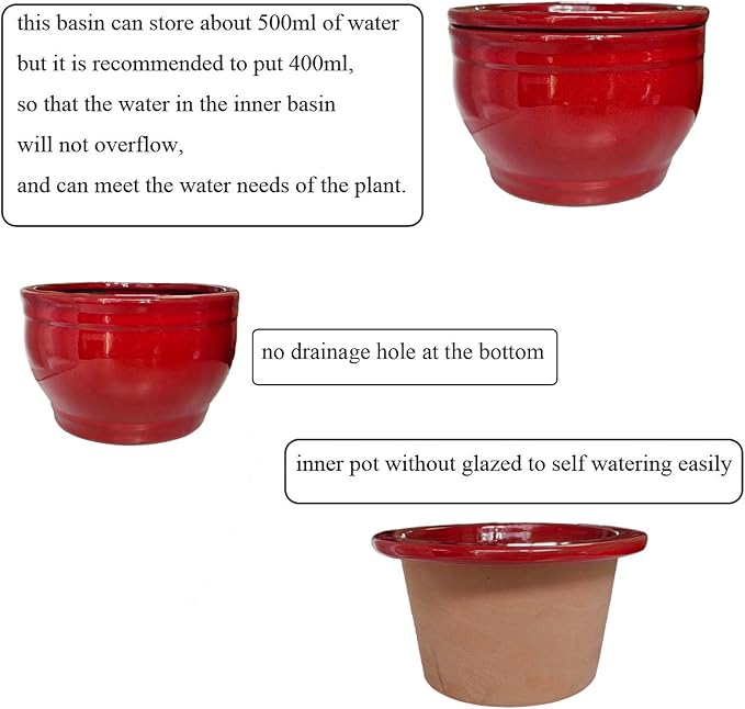 African Violet Pots Self Watering Round Ceramic Violet Pot (red, 6 inch)