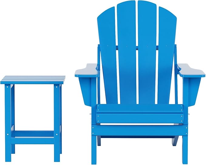 WO Home Furniture Adirondack Chair Table Set of 2 PCS Outdoor Folding Chair w Side Table Weather/UV Resistant for Lawn, Garden, Bon Fire, Balcony (Pacific Blue)