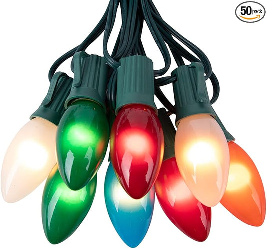 Multicolor C9 Christmas Lights Ceramic, C9 50ft Vintage Incandescent String Lights with Opaque Bulbs for Christmas Tree Patio Roofline Outdoor Indoor Holiday Xmas Decorations, 50 Bulbs with 2 Spare