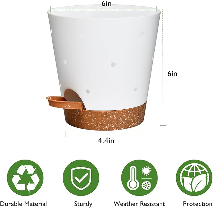 Orchid Pots with Holes, 6 Inch Self Watering Orchid Pot 2 Pack Plastic Plant Pots for Orchid, Flower (White+Brown)