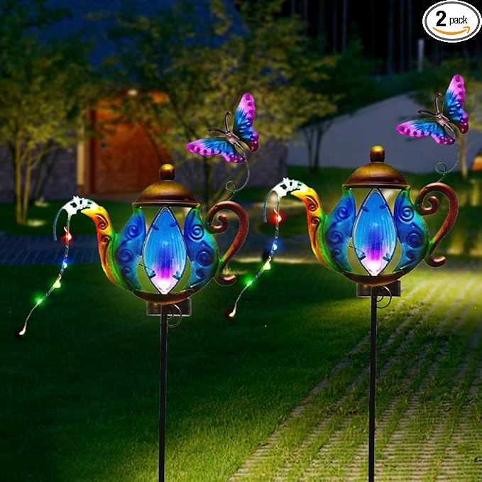 Solar Pathway Lights Outdoor, 2 Pack Metal Garden Lights, Decorative Lanscape Lighting Waterproof Solar Garden Decor Gifts for Mom, Women - Blue