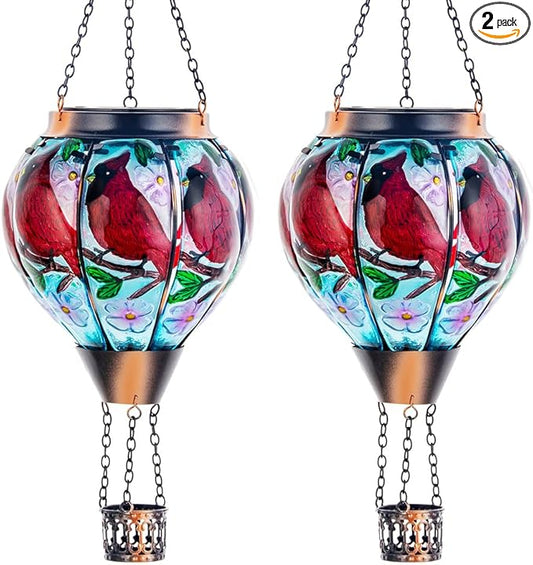 DREAMSOUL 2PCS Cardinal Hot Air Balloon Solar Lantern, Hanging Glass Solar Lanterns Outdoor Waterproof for Yard Party Gift