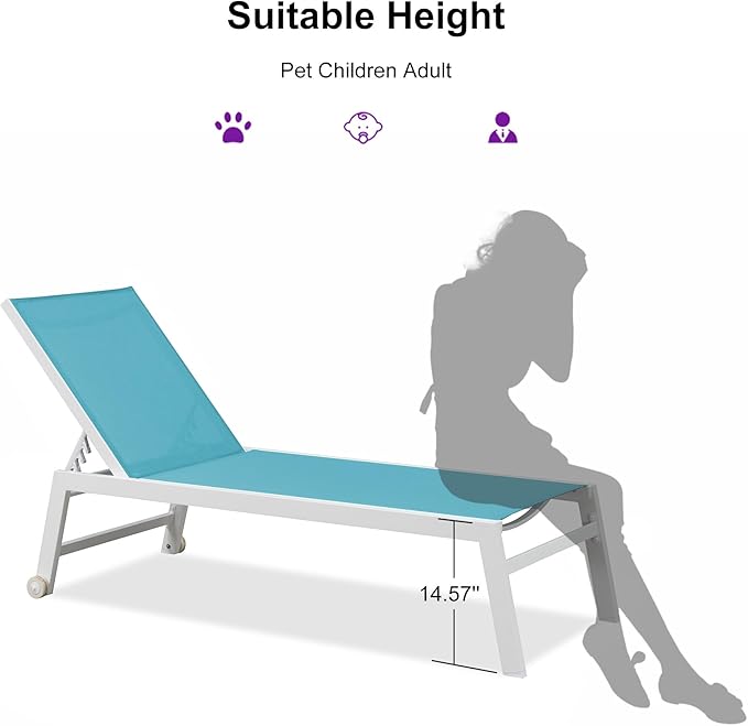 PURPLE LEAF Oversize Outdoor Chaise Lounge Set of 4 Outdoor White Aluminum Lounge Chairs with Side Table and Wheels Patio Lounge Chair for Yard Pool Deck, Turquoise