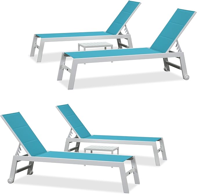 PURPLE LEAF Outdoor Chaise Lounge Set Oversize Adjustable Sunbathing Recliner Extra Wide Lounge Chairs with Side Table for Poolside Beach Outside Patio Aluminum Chaise Lounger Blue 2 Sets