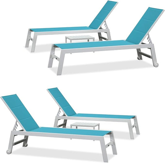 PURPLE LEAF Outdoor Chaise Lounge Set Oversize Adjustable Sunbathing Recliner Extra Wide Lounge Chairs with Side Table for Poolside Beach Outside Patio Aluminum Chaise Lounger Blue 2 Sets