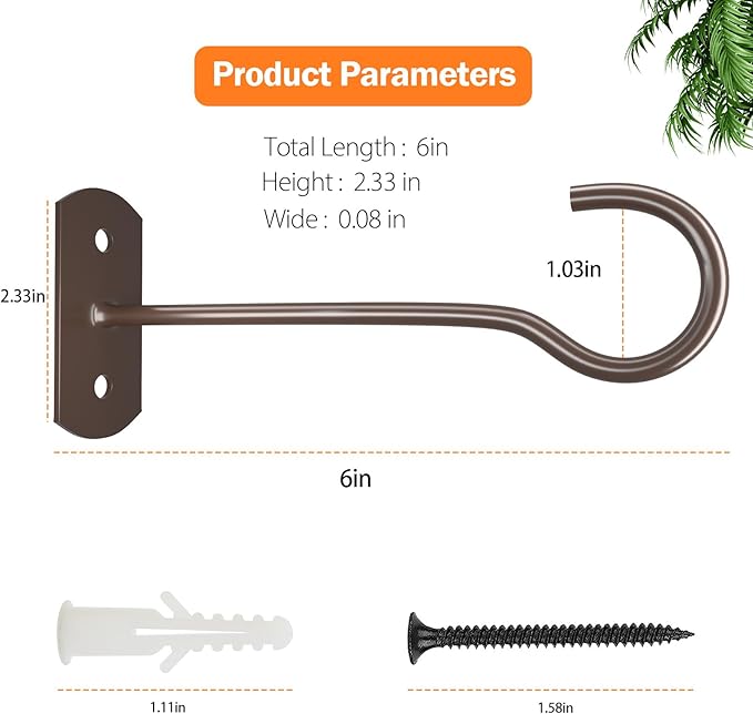 Hanging Plant Bracket 6inch 4Pack Metal Plant Hook Shepherds Hook Decorative Wall Plant Hanger for Hanging Lanterns Bird Feeder Flower Basket Home Decor Indoor & Outdoor Brown
