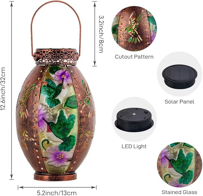 Starsoul Hummingbird Solar Lantern Stained Glass & Metal Outdoor Lantern Waterproof Hummingbird Hanging Metal Decorative Lights for Patio Table Garden Pathway Yard