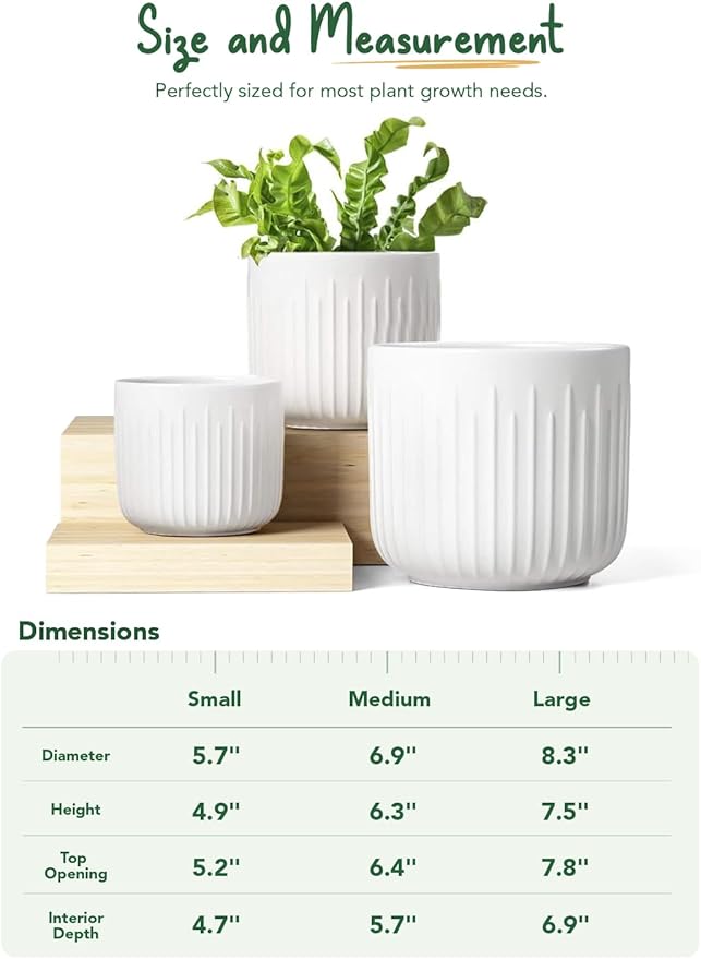 LE TAUCI Fluted Ceramic Planters Set of 3 – 8.3/7 / 5.7 in White Cylinder Indoor Plant Pots with Drainage Plug & Mesh, Matte Glazed Stoneware Flower Pots for Succulent Herb Cactus