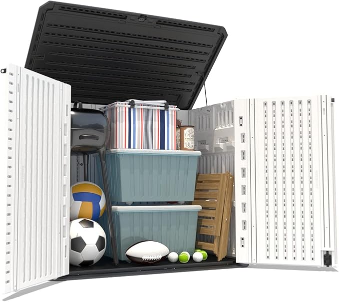 HOMSPARK Storage Shed Weather Resistance, Multi-Purpose Outdoor Storage Cabinet for Backyards and Patios, Horizontal Storage Shed for Lawnmower, Patio Accessories (White 1, Large - 26 cu.ft)