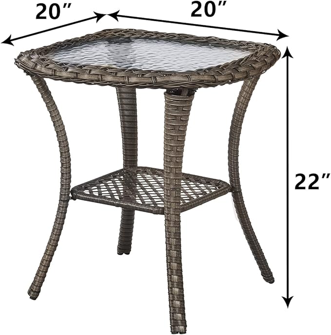 Patio Tables Wicker Side Table - Rattan End Table with Glass Top for Outdoor Outside Patio Porch Deck Square Mixed-Grey