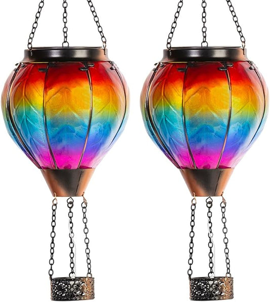 Starsoul 2 PC Rainbow Hot Air Balloon Solar Lantern with Flame Glass Outdoor Hanging Hot Air Balloon Solar Light Waterproof Garden Patio Yard Party Decorations