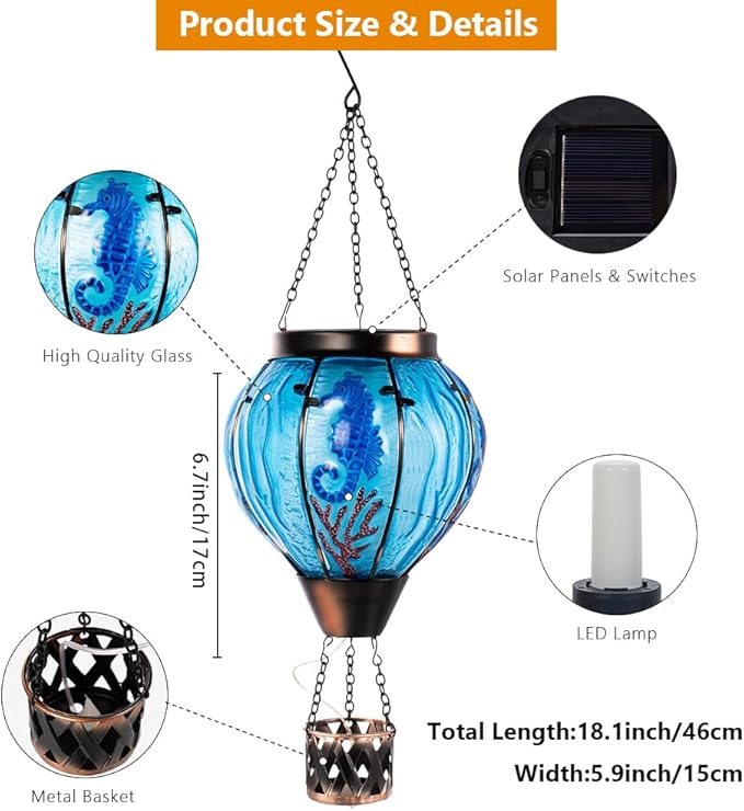 Seahorse Solar Hot Air Balloon Lantern with Flame Flickering Light,Glass Hot Air Balloon Solar Lanterns Outdoor Waterproof Hanging Outdoor Lights for Yard,Patio,Porch Garden Gift for Women