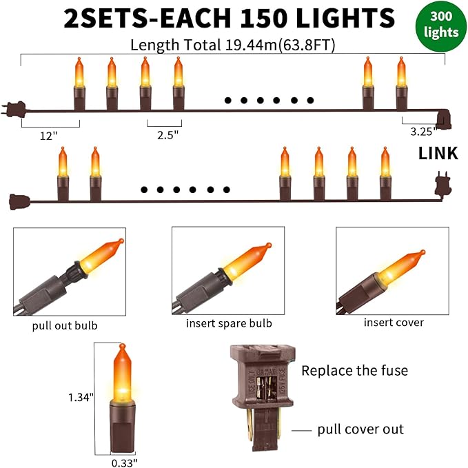 Ultra-Bright Connects End to End Orange Christmas Mini Lights 300L 63.8Ft(2Sets-Each 150L)UL Listed Incandescent Bulb String Light for Indoor Outdoor Halloween Home Garden Party Tree Decor
