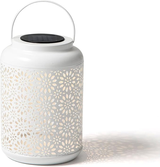 Glitzhome Solar Lantern White Metal Cutout Flower Outdoor Hanging Solar Light with Handle for Garden Patio Yard Outdoor Decor