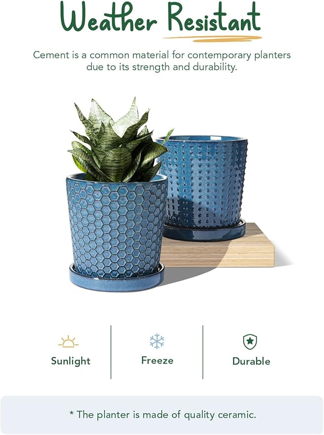 LE TAUCI Ceramic Pots for Plants, 5.5 Inch Plant Pots with Drainage and Saucer, Indoor Plant Pots for Succulents, Snake Plants, Cactus, and More, Set of 2, Reactive Glaze Blue