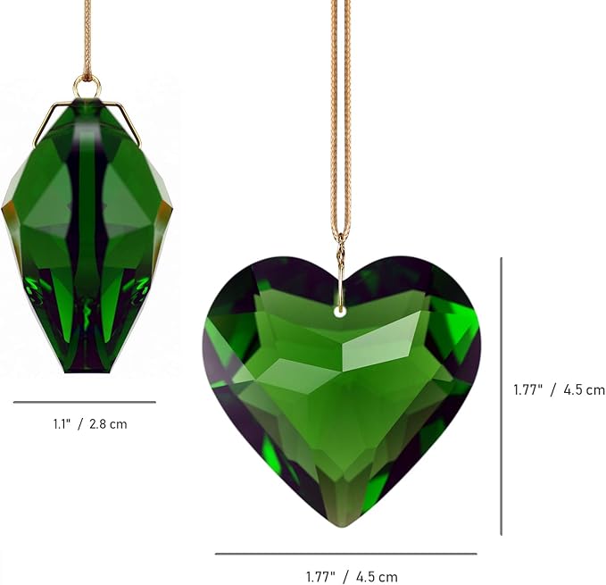Green Heart Crystal Suncatcher, 2pc 45mm Hanging Prism for Windows, Outdoor Indoor Decoration, Rainbow Maker Gifts for Mom, Grandma, Friend